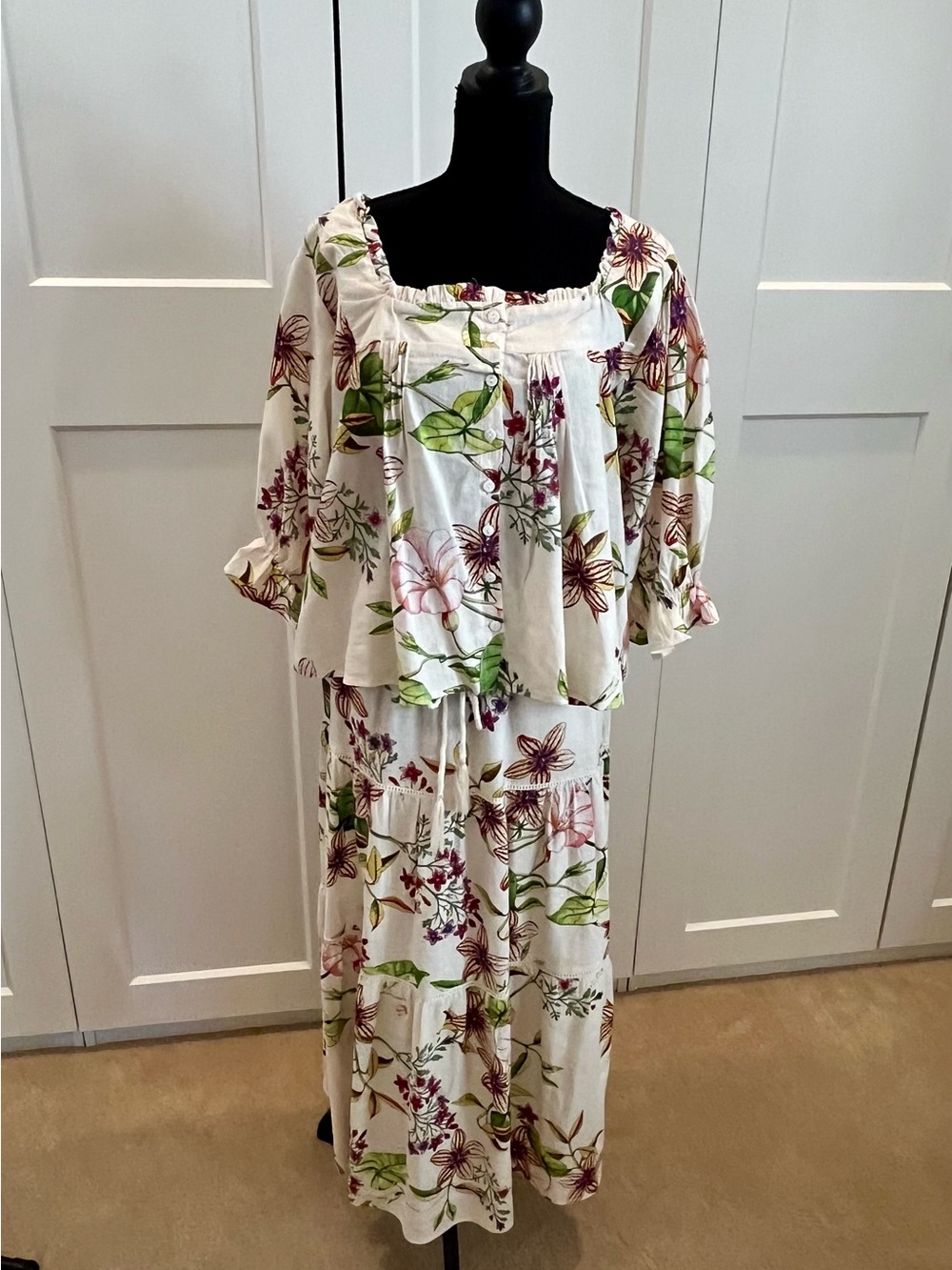 Floral Boho Tiered Maxi Skirt & Matching Top White/Green/Pink Floral Print Linen
